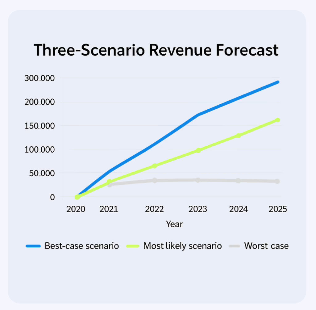 Three-scenario forecast model created by a CFO to help startups plan for best, worst, and expected financial outcomes.
