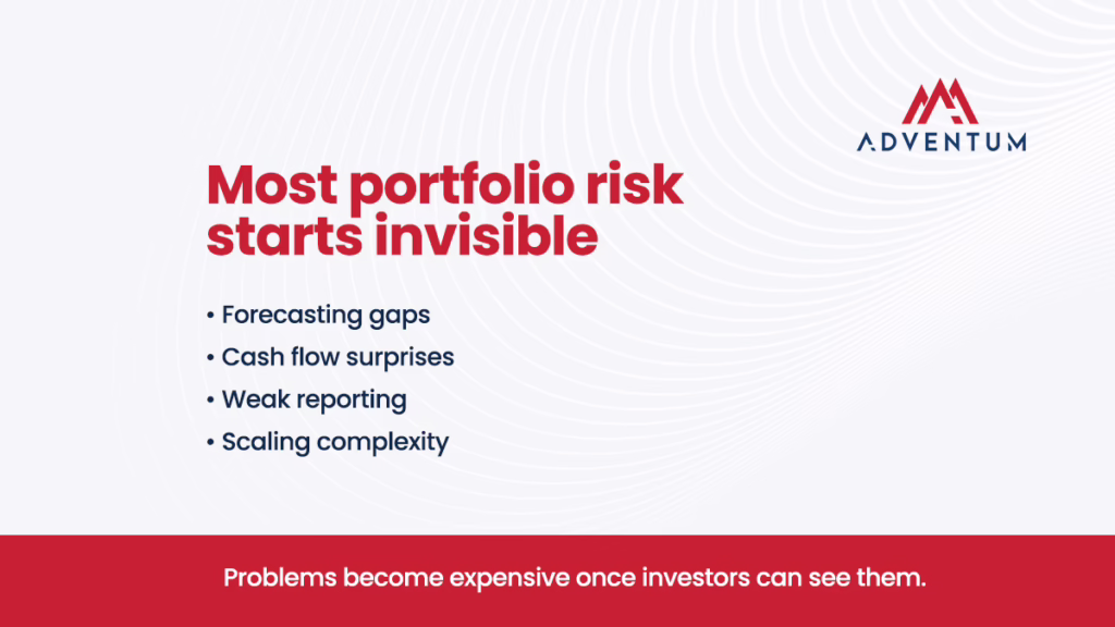 Common financial risks that can reduce portfolio value, including forecasting gaps, cash flow surprises, weak reporting, and scaling complexity.